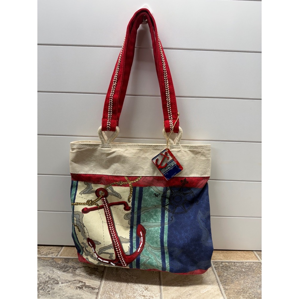 Paul Brent Nautical Anchor Canvas Tote Bag Red Blue Coastal Beach Shoulder Bag